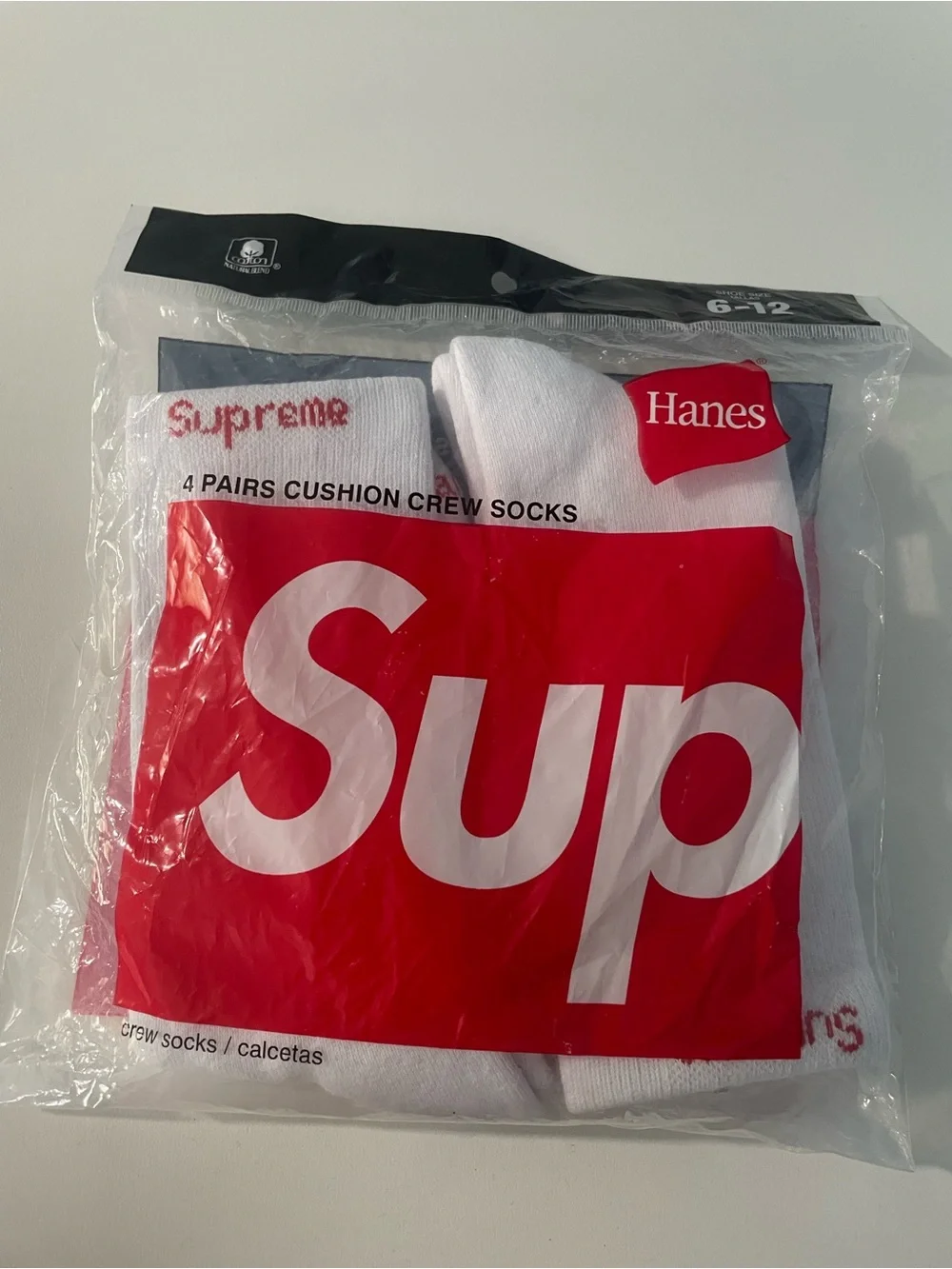 Hanes White Crew Socks with Red Supreme Logo - 4 Pairs
